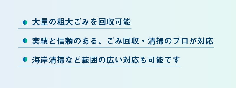 大量の粗大ごみに回収可能　実績と信頼のある、ごみ回収・清掃のプロが対応　海岸清掃など範囲の広い対応も可能です